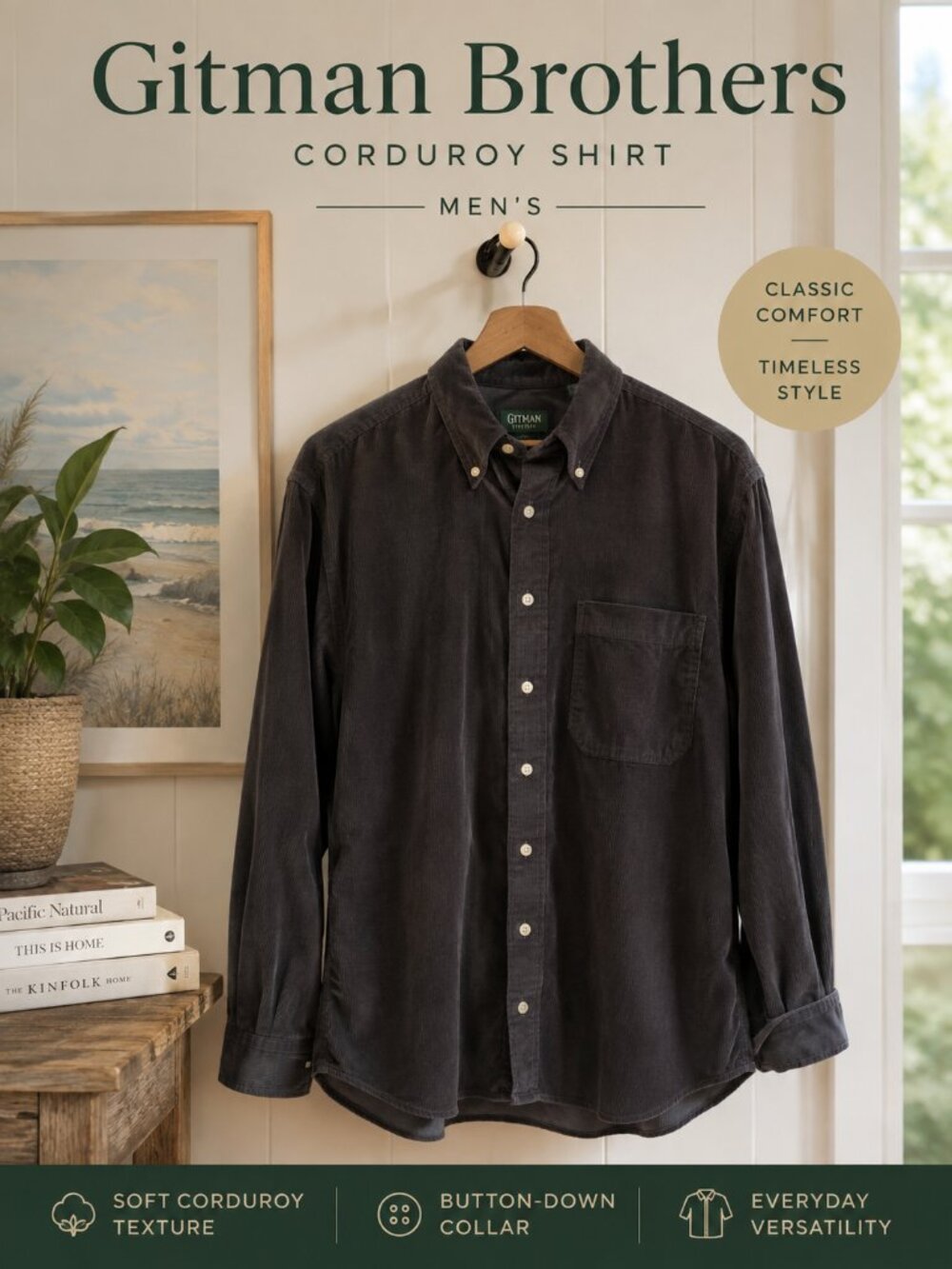 Gitman Bros. Men’s Charcoal Mushroom Corduroy Button-Down Shirt – Size M